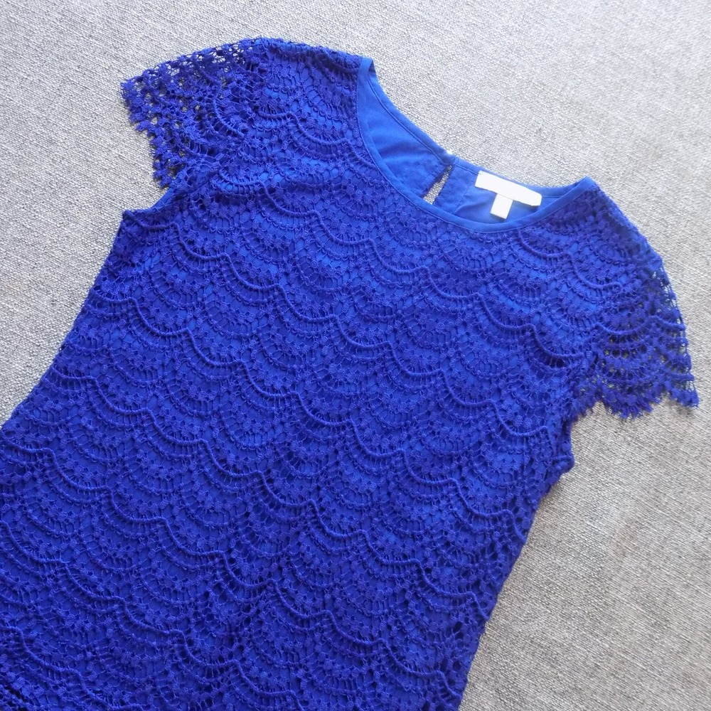 Banana Republic Lace Top Womens 2 Royal Blue Good Scalloped Short Sleeve 931965